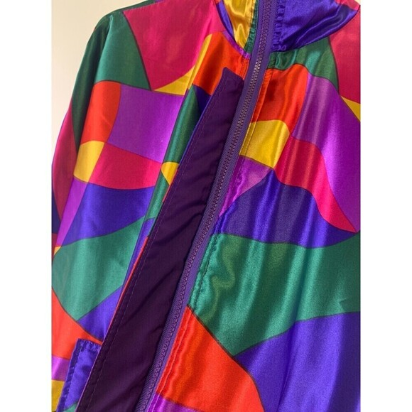 BOGO Monaliza Satin Jacket Vintage Reversible Purple Multi Geo Full Zip Pocket L - Picture 5 of 16